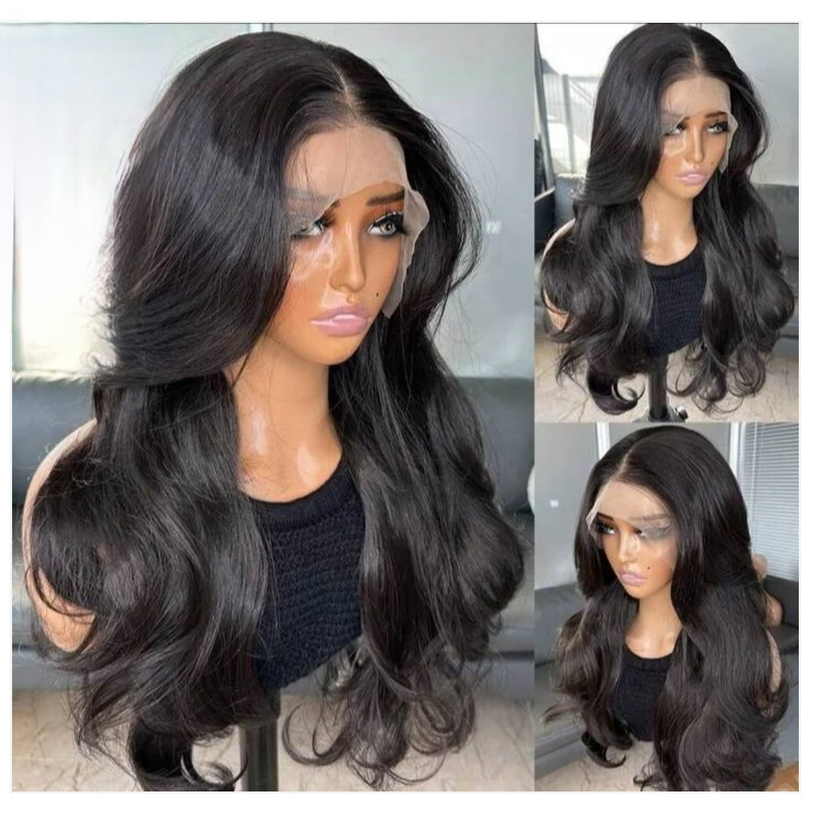 Natural Black Curtain Bangs Human blend Lace Front Wig