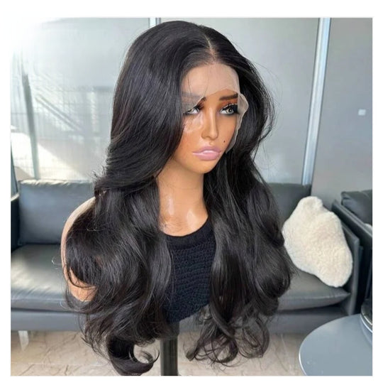 Natural Black Curtain Bangs Human blend Lace Front Wig